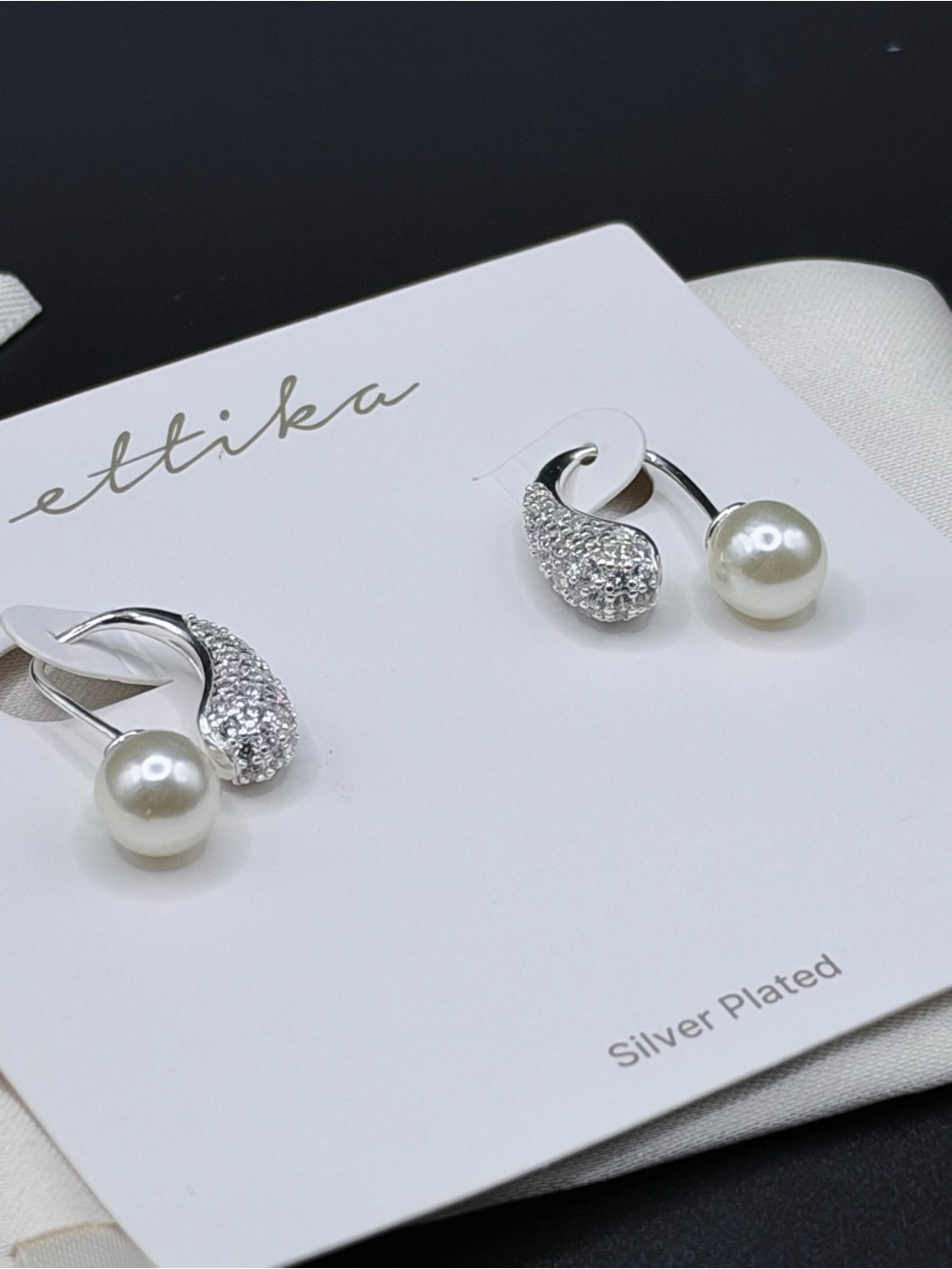 Ettika Silver-Tone Hooked Pavé Cubic Zirconia and Pearl Earrings